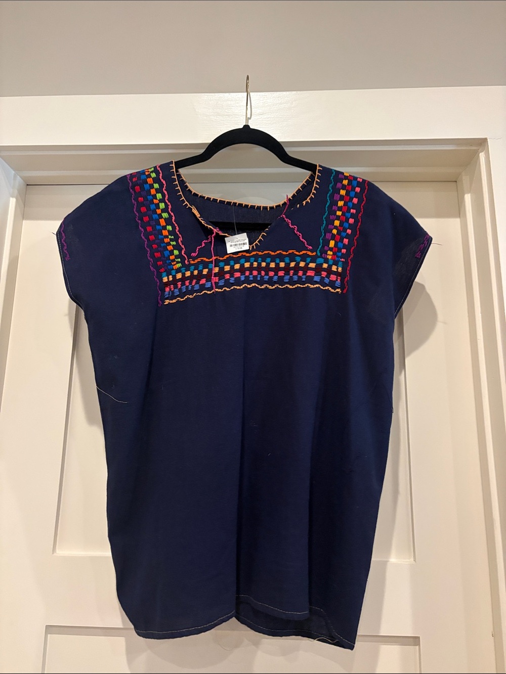Embroidered Navy Mexican-Style Peasant Top
